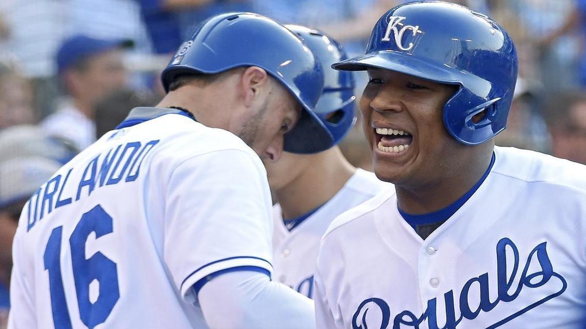 
The Royals’ Salvador Perez celebrated his solo home run in the second inning with Paulo Orlando during Saturday’s baseball game against the Los Angeles Angels.
