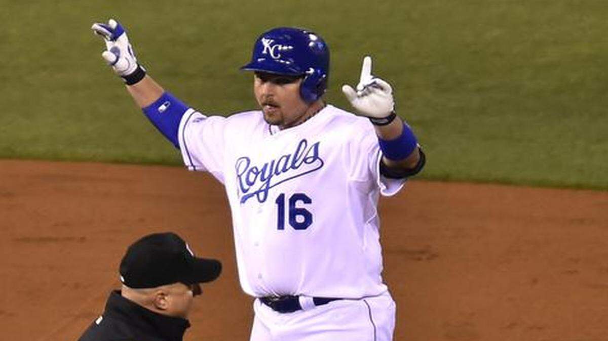 
Kansas City Royals designated hitter Billy Butler (16) celebrated his double in the second inning during Tuesday’s game six of the World Series at Kauffman Stadium in Kansas City, Missouri.
