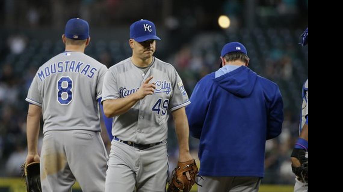 
Kansas City Royals starting pitcher Joe Blanton gives a nod as he is relieved against the Seattle Mariners in a baseball game Monday, June 22, 2015, in Seattle.
