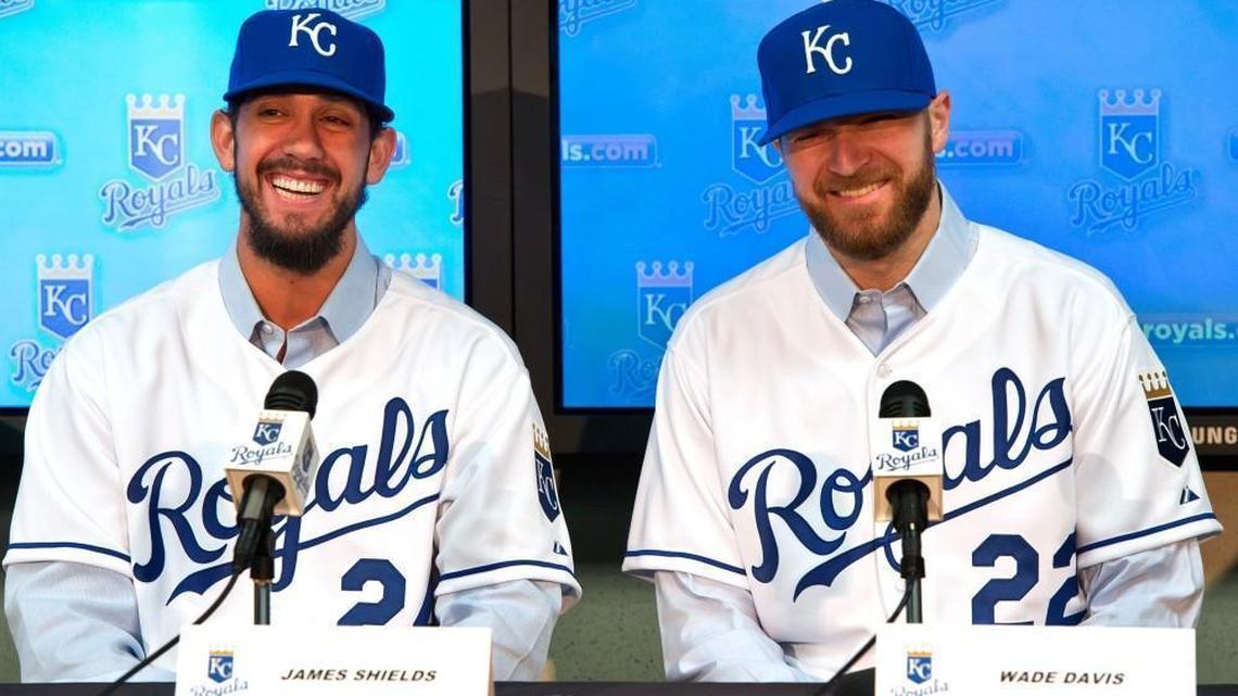 Kansas City Royals pitchers James Shields (left) and Wade Davis answered questions at a news conference after the blockbuster trade.
