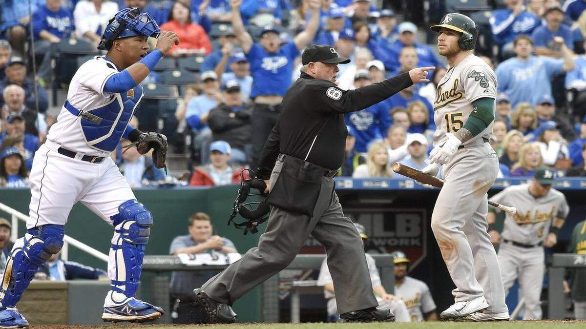 
Home-plate umpire Jim Joyce ejected Royals starting pitcher Yordano Ventura after he hit Oakland’s Brett Lawrie with a 99-mph fastball in the fourth inning Saturday at Kauffman Stadium.
