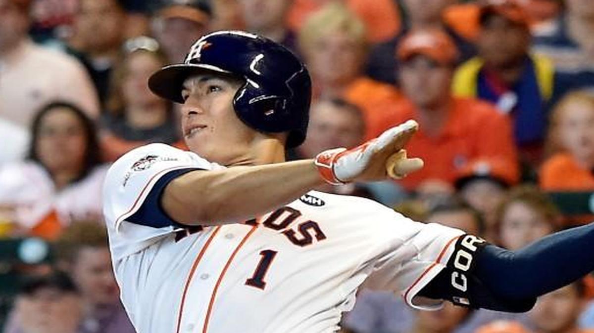 
Astros shortstop Carlos Correa hit two homers in Monday’s game against the Royals, including this one in the third inning.
