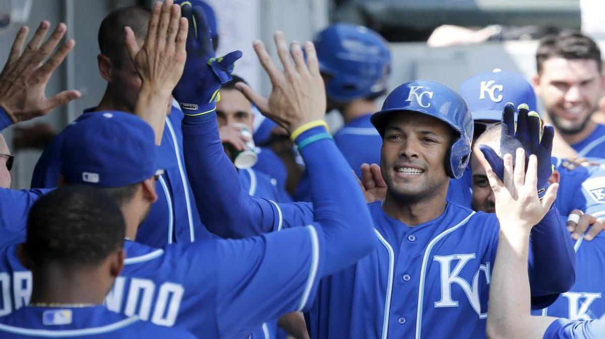 
KC Royals outfielder Alex Rios celebrated his home run off Chicago White Sox starting pitcher Jeff Samardzija.
