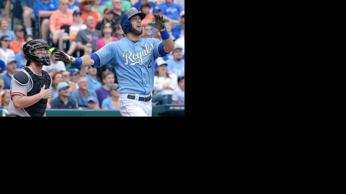 
The Royals’ Alex Gordon (4) watched as his two-run home run headed for the seats in the first inning Sunday at Kauffman Stadium. The Royals won the game 7-4 to sweep the three-game interleague series.

