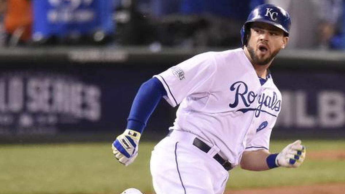 
Mike Moustakas rounded first on the way to second after hitting a double in the second inning.


