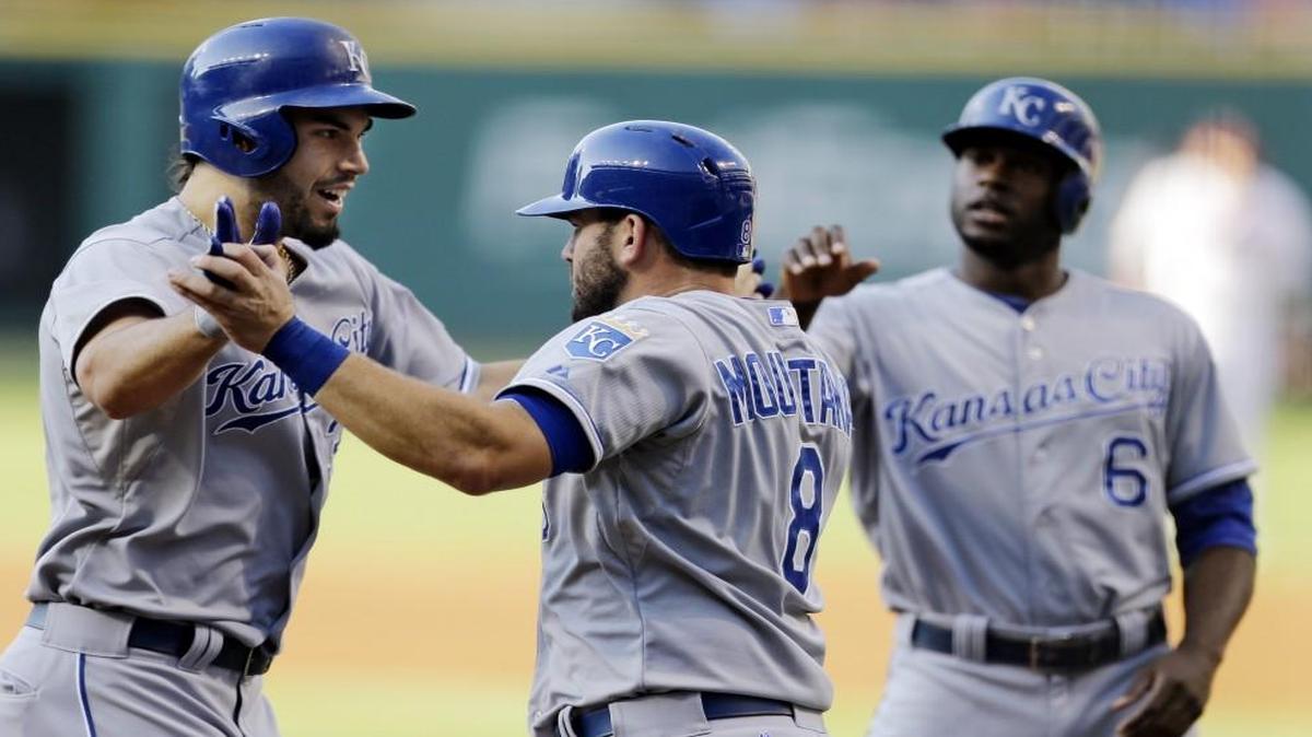 Kansas City Royals first baseman Eric Hosmer (left), third baseman Mike Moustakas (center) and Lorenzo Cain are set to be free agents at season’s end.