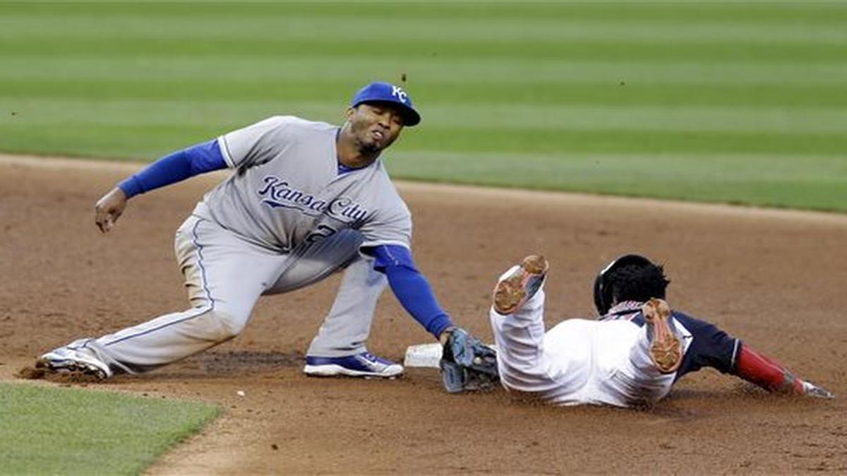 
Kansas City Royals Alcides Escobar (left) tagged out Cleveland Indians Jose Ramirez at second base on a steal in the fifth inning on April 28 in Cleveland.
