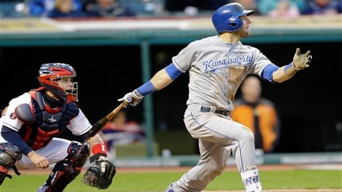 
The Royals Alex Gordon hit a double off Indians starting pitcher Corey Kluber in the sixth inning of Monday’s baseball game in Cleveland. Eric Hosmer scored on the play. Indians catcher Roberto Perez watched.
