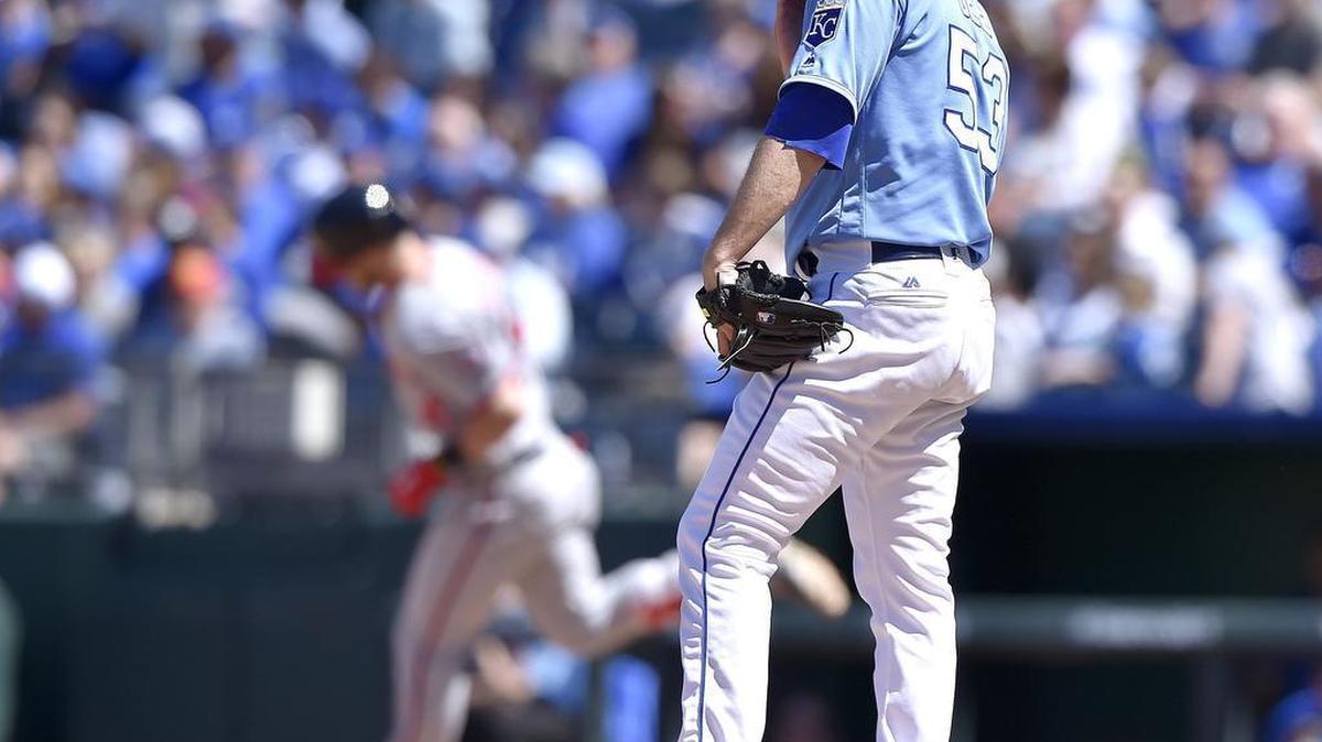 Kansas City Royals relief pitcher Dillon Gee turns around as Washington Nationals' Bryce Harper rounds the bases on a fifth inning solo home run during Wednesday's baseball game on May 4, 2016 at Kauffman Stadium in Kansas City, Mo.
