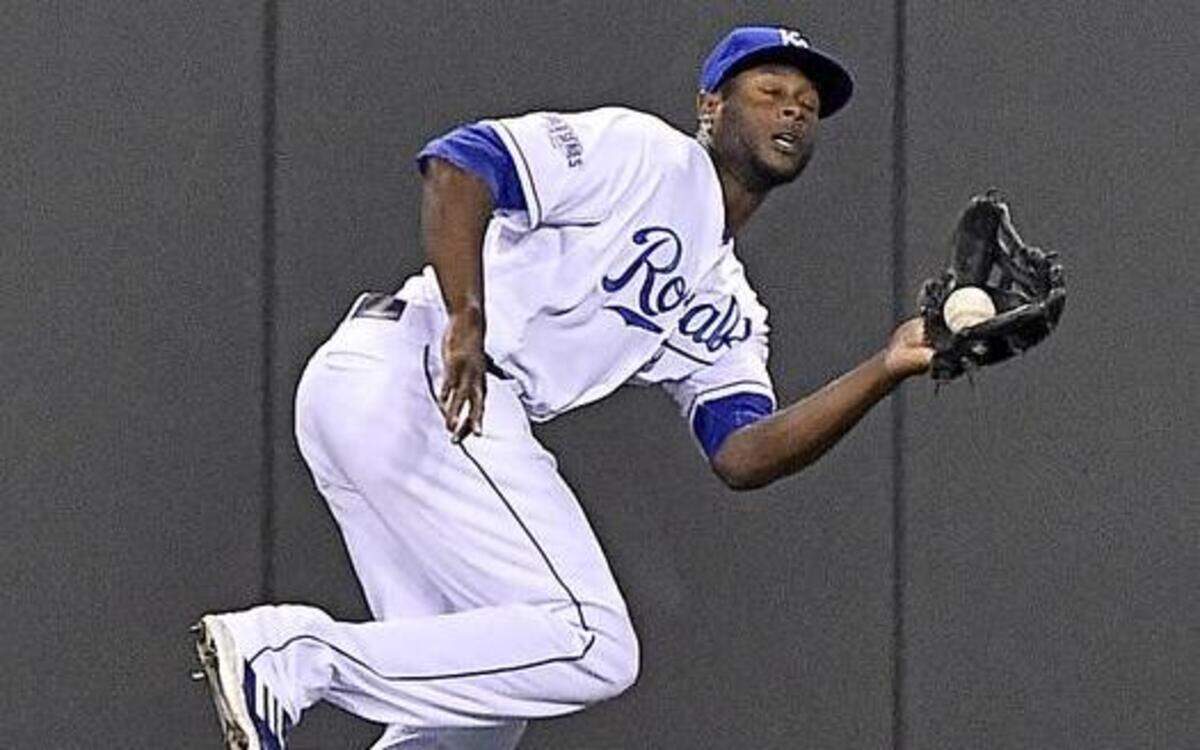 
Kansas City Royals center fielder Lorenzo Cain made another spectacular catch, this time in the the first inning to put out San Francisco Giants second baseman Joe Panik in game six of the World Series on Tuesday, October 28, 2014, at Kauffman Stadium in Kansas City, Mo.
