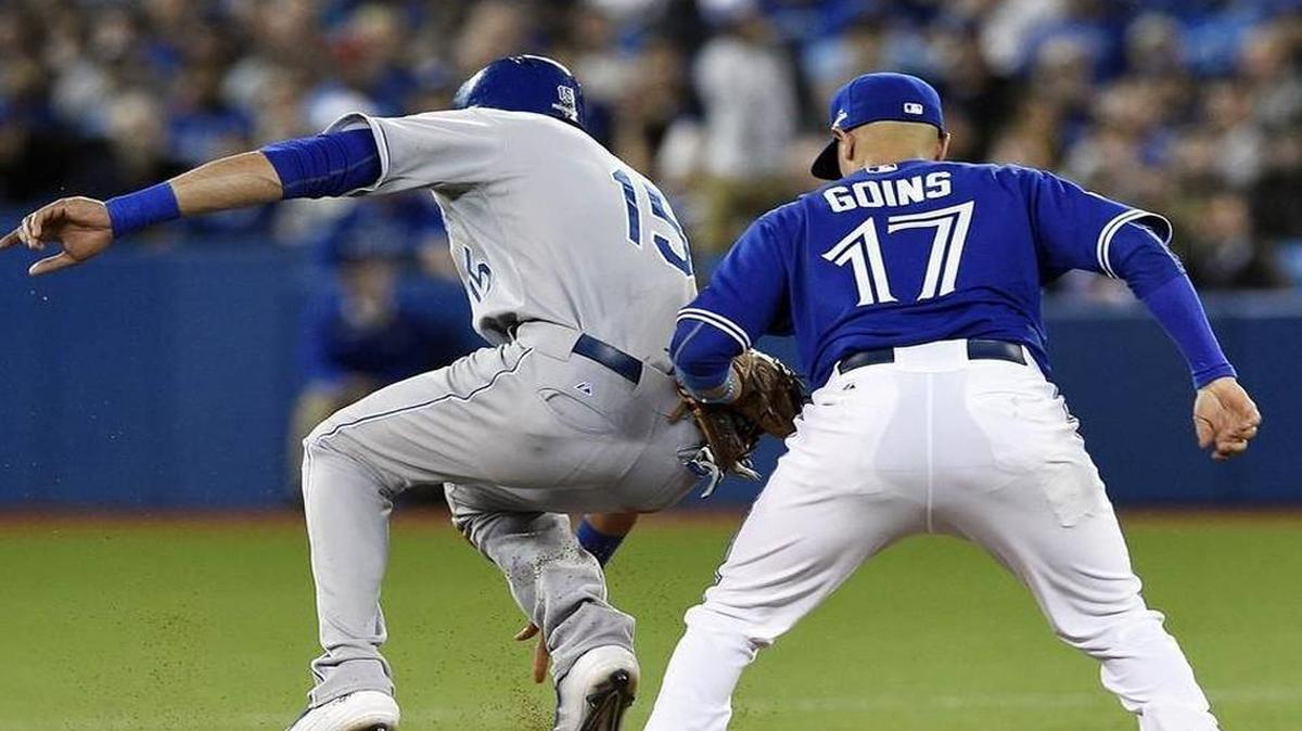 Blue Jays second baseman Ryan Goins still had his glove on Royals right fielder Alex Rios when Rios’ feet came off the bag on an attempted steal in the fourth inning. A review of the play determined Rios was out.