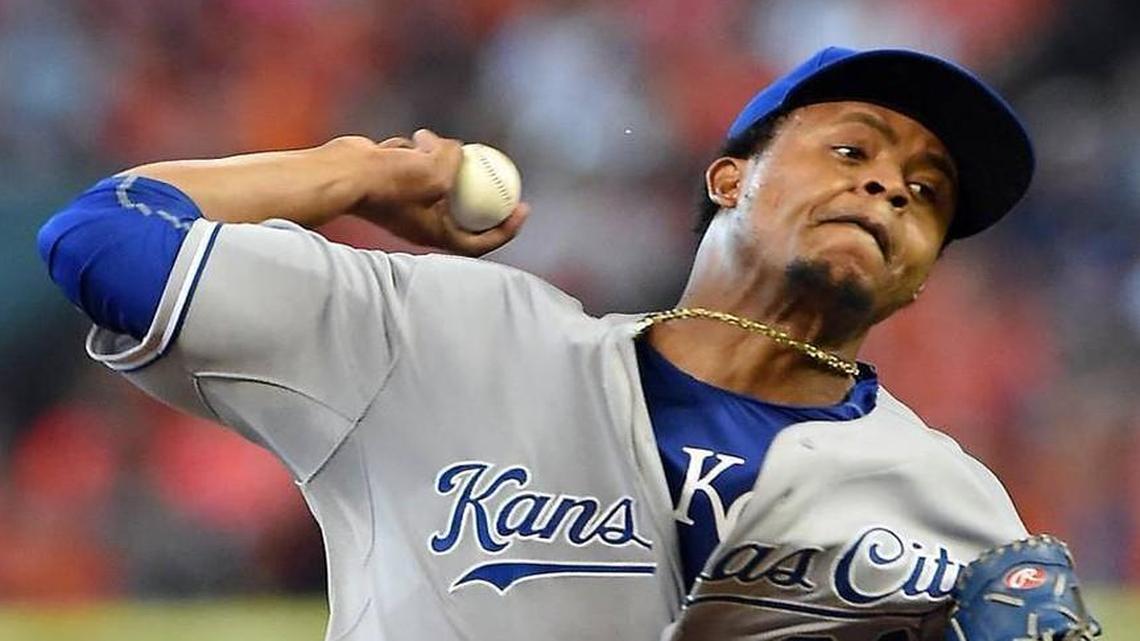 
Kansas City Royals starting pitcher Edinson Volquez throws in the first inning during Sunday's ALDS baseball game on October 11, 2015 at Minute Maid Park in Houston, Tex. 
