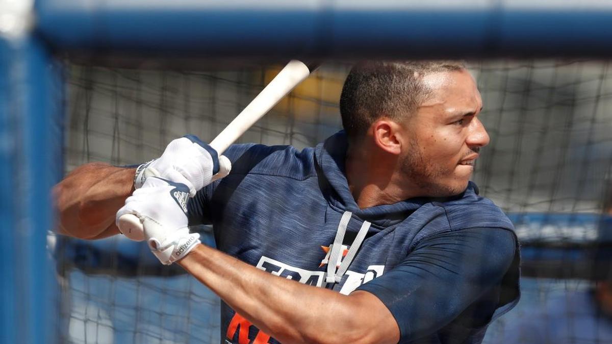 Houston Astros shortstop Carlos Correa (1) takes batting practice before a spring training baseball game against the Miami Marlins Wednesday, March 29, 2017, in West Palm Beach, Fla.