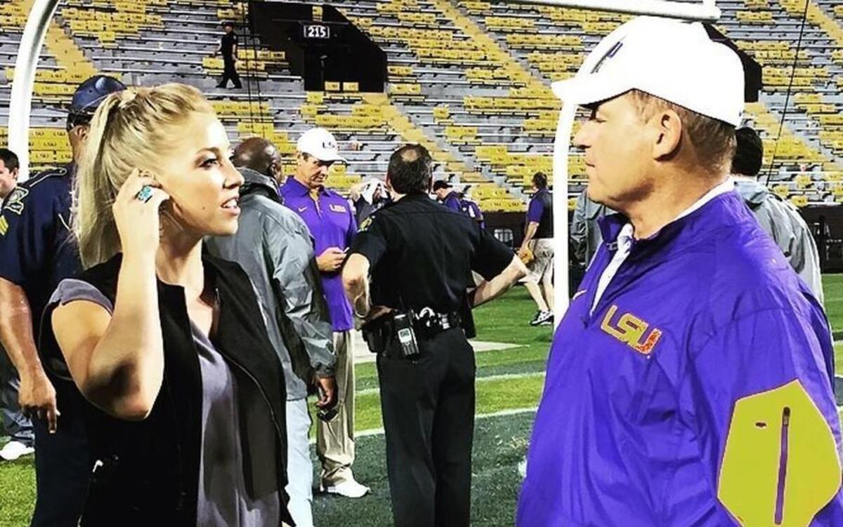 Olivia Harlan’s resume of events is growing each year. Here, she chats with LSU football coach Les Miles.