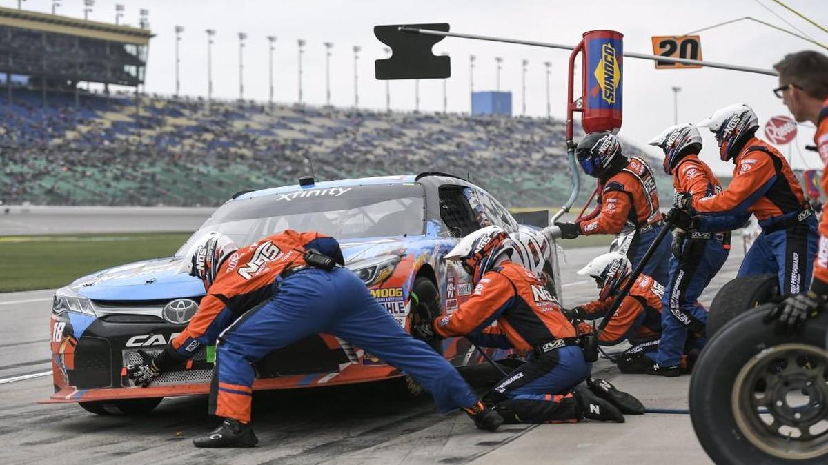 Xfinity Series driver Kyle Busch took a pit stop before his victory earlier this month in the Kansas Lottery 300 at Kansas Speedway.