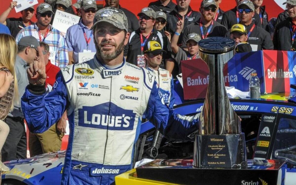 Jimmie Johnson celebrated in Victory Lane after winning a NASCAR Sprint Cup Series auto race at Charlotte Motor Speedway on Oct. 9.