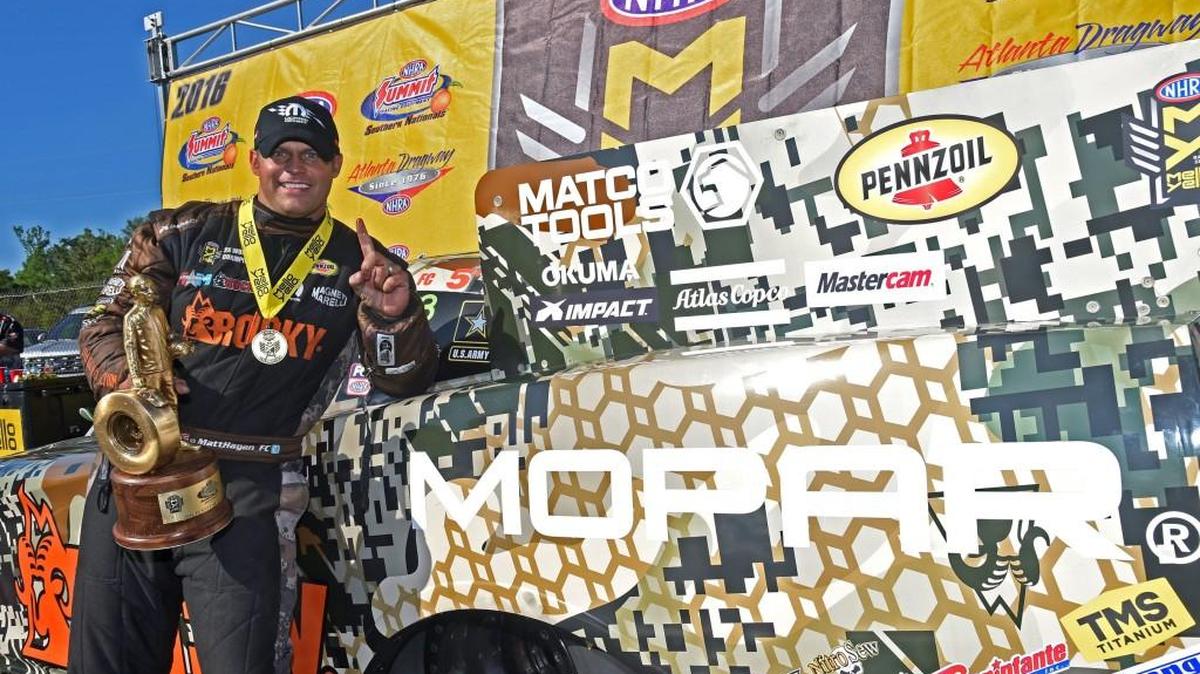 Matt Hagan set the Funny Car class national records for top speed and elapsed time, finishing a race in 3.862 seconds and at one point reaching a speed of 335.57 mph. His speed record marks the third-fastest ever in all of NHRA and is faster than the Top Fuel class record.