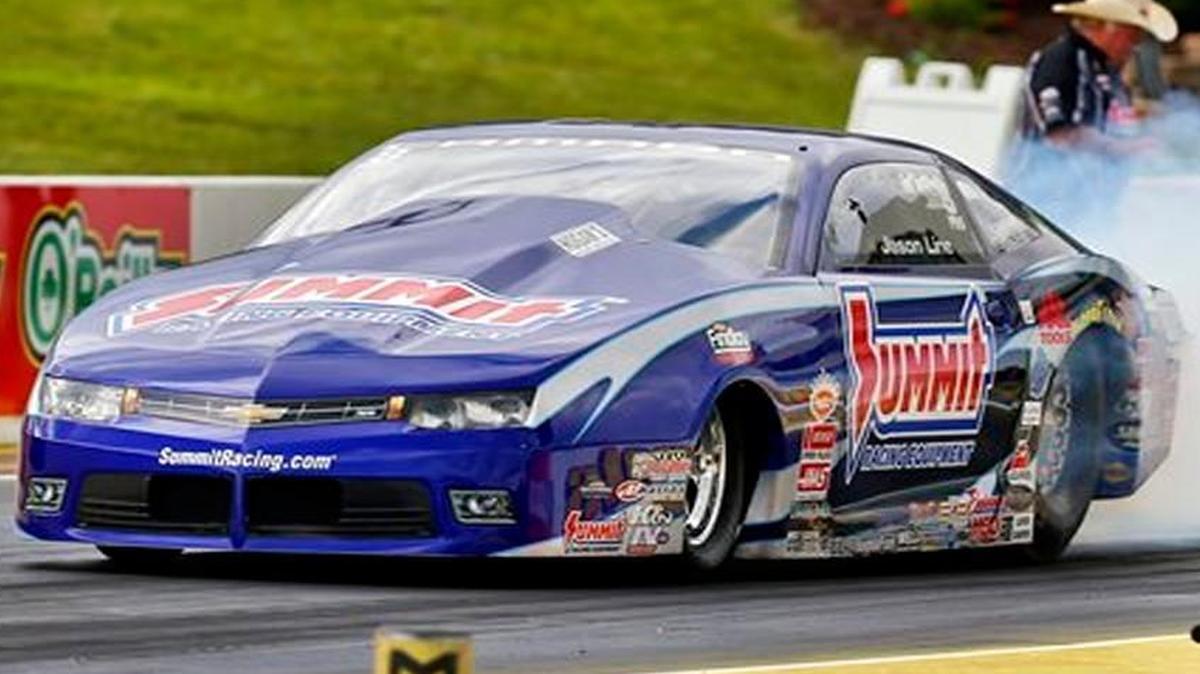 Pro Stock driver Jason Line was the fastest in qualifying Friday (above), and again on Saturday at the NHRA Kansas Nationals at Heartland Park Topeka. Line enters Sunday’s eliminations as the No. 1 seed.