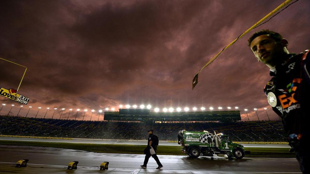 
The sky lit up with color after the rain passed at the SpongeBob SquarePants 400 on Saturday at Kansas Speedway.
