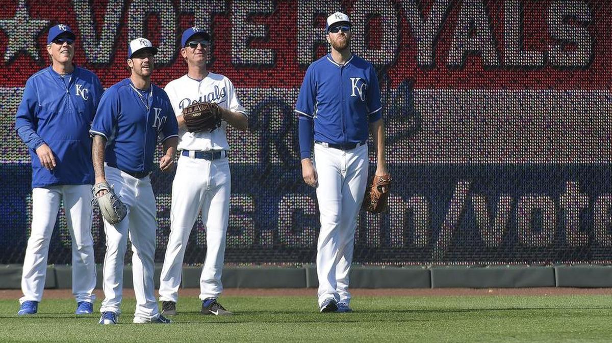 
NASCAR Sprint Cup racer Clint Bowyer (third from left) with Kansas City Royals manager Ned Yost, relief pitcher Brandon Finnegan and relief pitcher Wade Davis before Wednesday's baseball game against the Cleveland Indians on May 6, 2015 at Kauffman Stadium in Kansas City, Mo.
