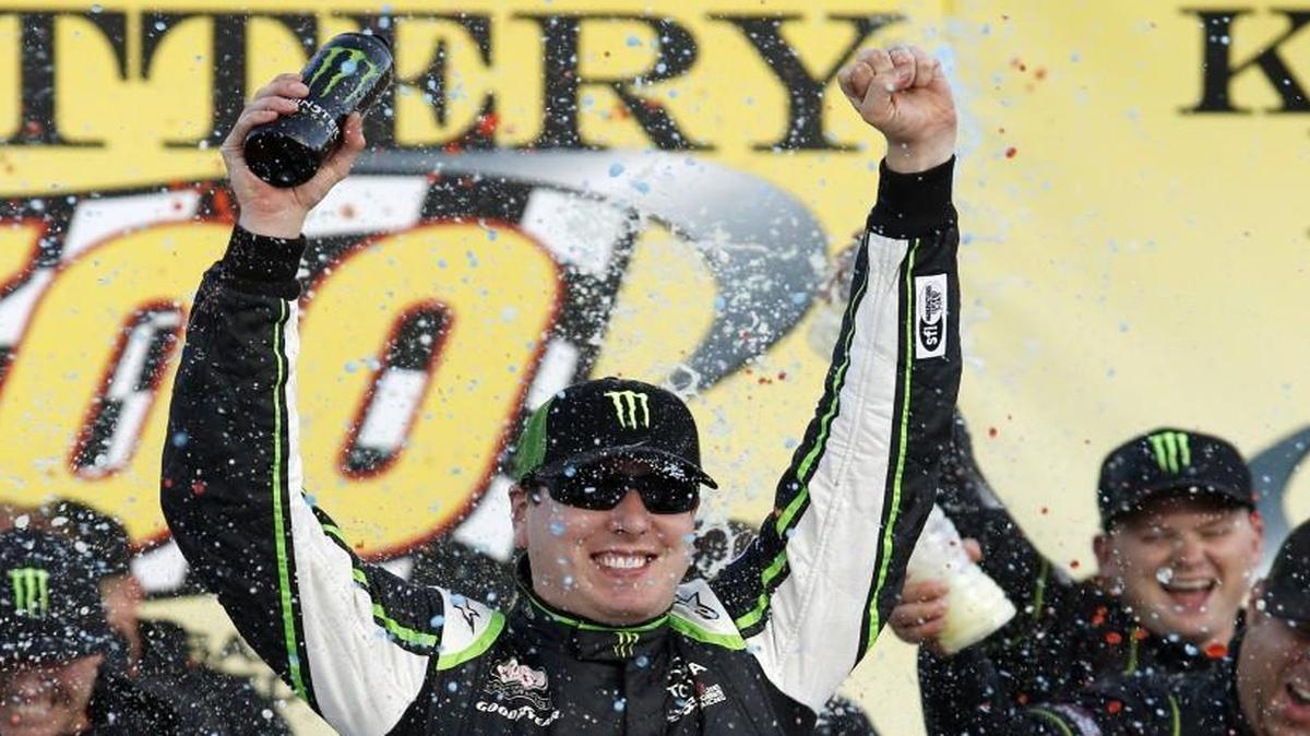 NASCAR Xfinity Series driver Kyle Busch celebrated after winning last year’s Kansas Lottery 300 race at Kansas Speedway. This year’s start time has shift one hour to 2 p.m. Oct. 15.