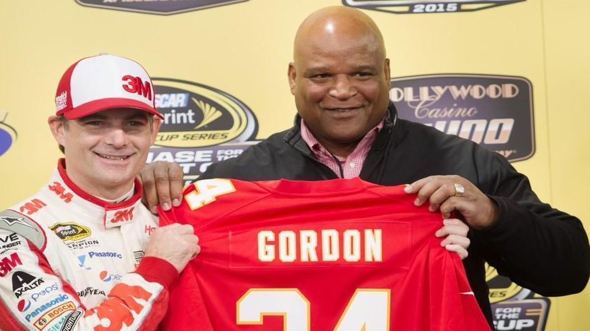 Sprint Cup Series driver Jeff Gordon received a jersey with his name and number on it from former Chiefs player Deron Cherry.