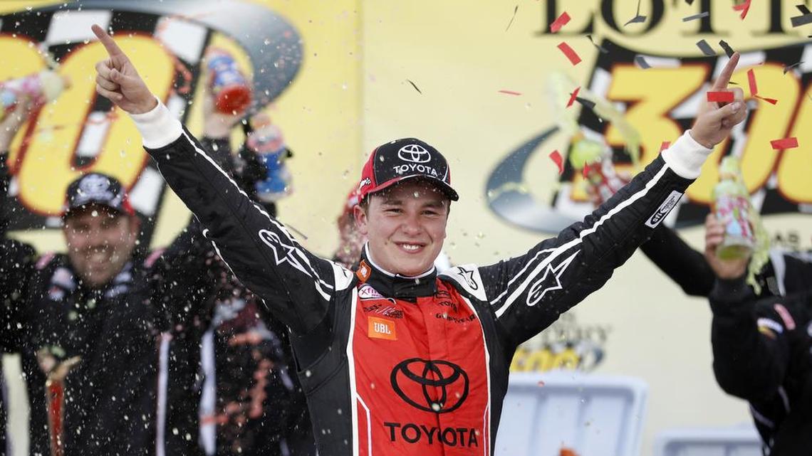 Christopher Bell celebrated after winning the NASCAR Xfinity Series Kansas Lottery 300 on Saturday at Kansas Speedway.