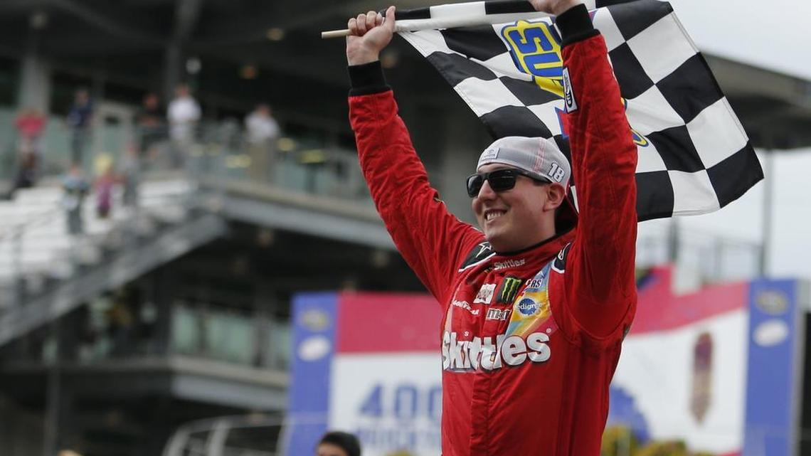 
Kyle Busch celebrated after winning the NASCAR Brickyard 400 auto race July 26 at Indianapolis Motor Speedway in Indianapolis.
