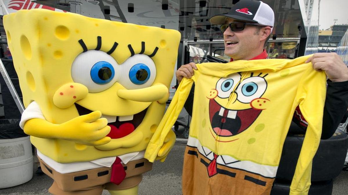 
Scott Zipadelli, crew chief for Ben Kennedy, held up the SpongBob SquarePants onesie he will wear because Kennedy was able to raise more than $10,000 for charity.
