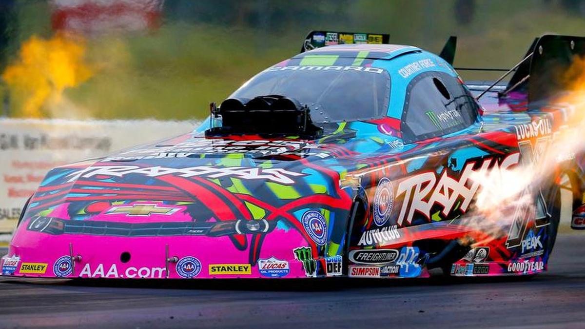 
Courtney Force raced down the track in her Funny Car on Friday night at the NHRA Kansas Nationals at Heartland Park in Topeka.

