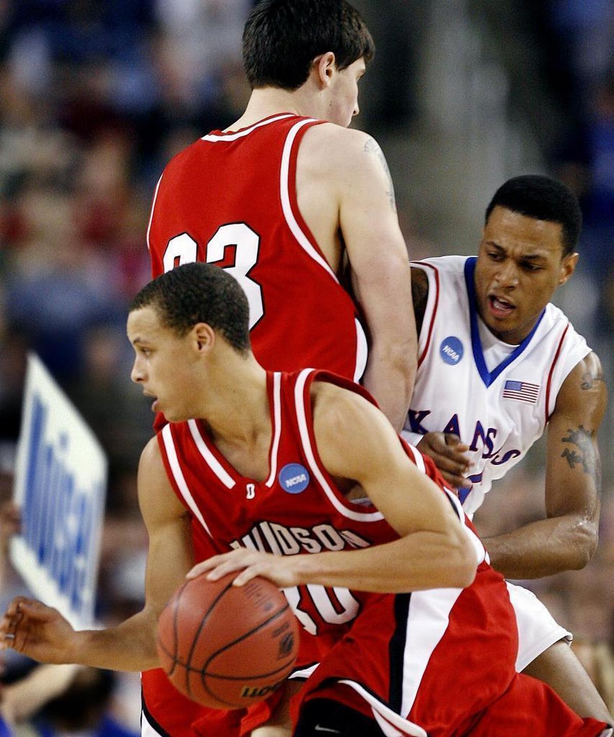 Brandon Rush and the KU defense had to fight to hold Davidson’s Stephen Curry to 25 points in a 2008 NCAA Elite Eight game.