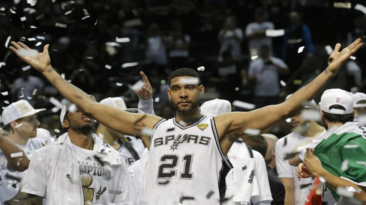 In this June 15, 2014 file photo, San Antonio Spurs forward Tim Duncan celebrates after winning the NBA Finals.