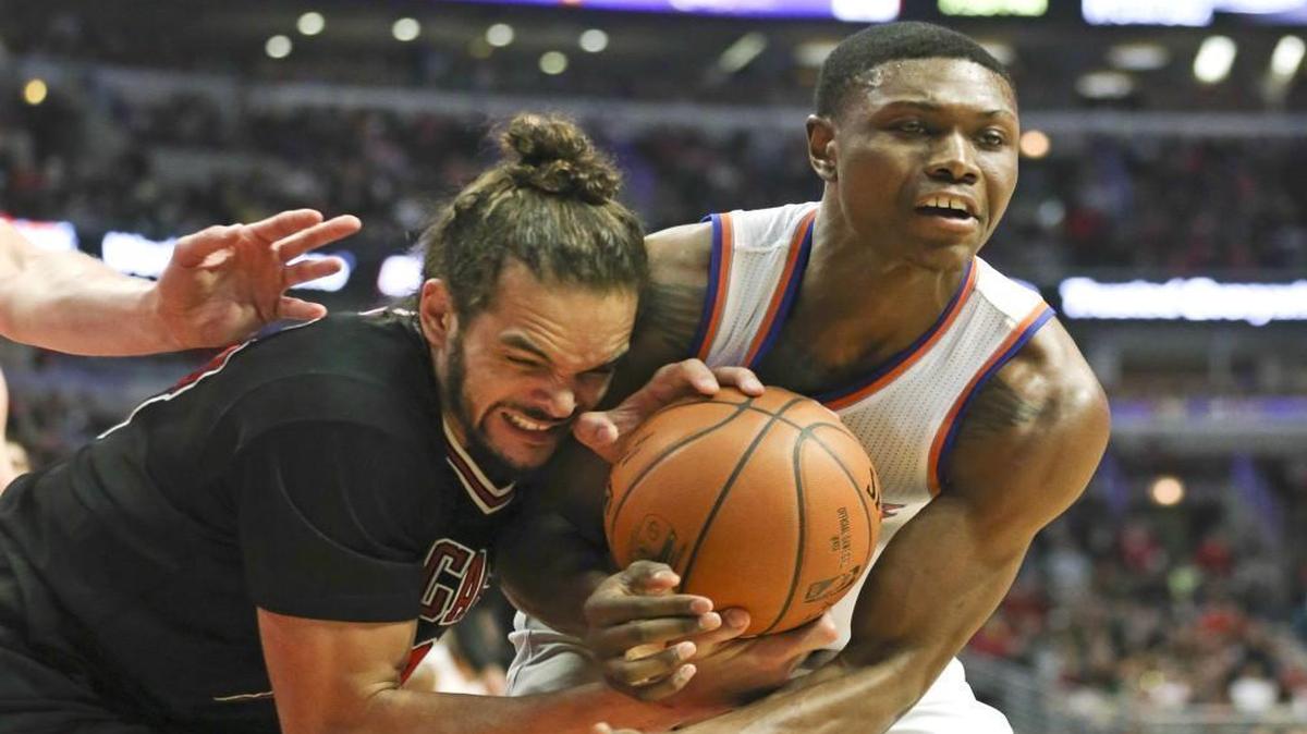 New York Knicks’ Cleanthony Early (right) battled for a rebound with the Chicago Bulls’ Joakim Noah during a game in March.