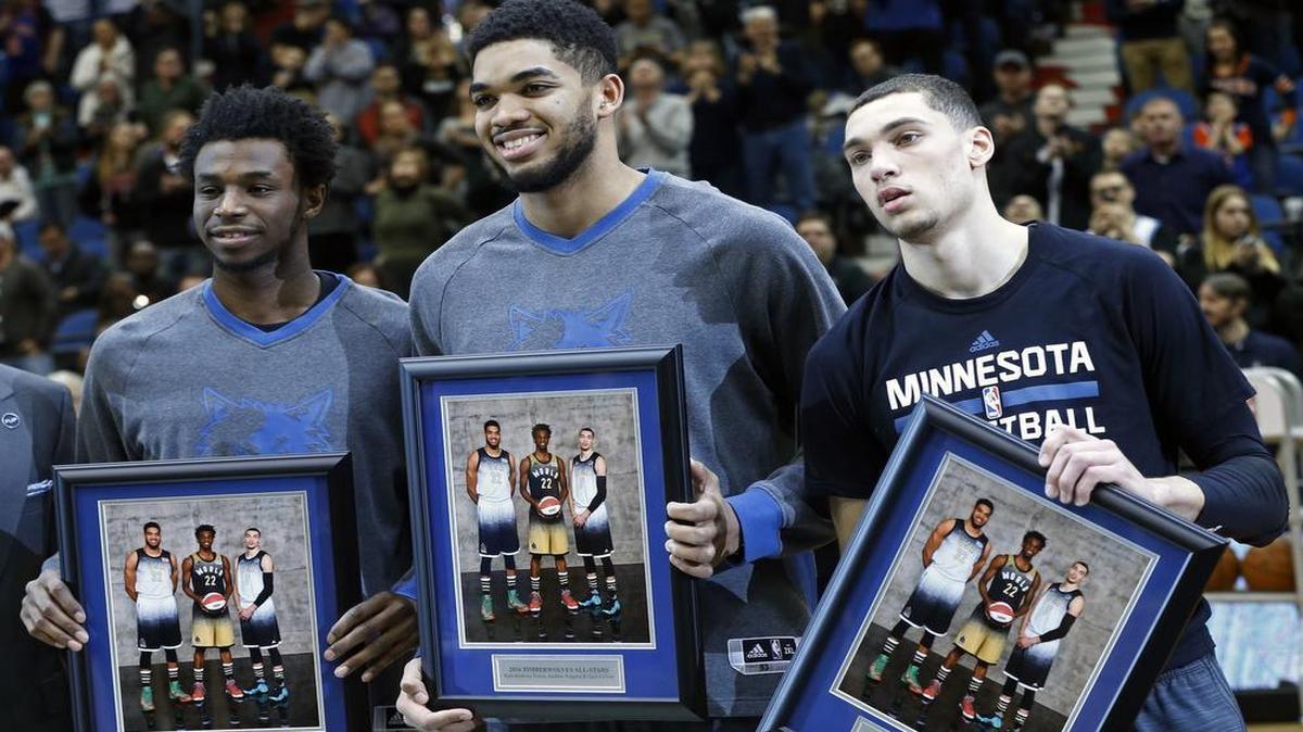 Minnesota Timberwolves (from left) Andrew Wiggins, Karl-Anthony Towns and Zach LaVine during a NBA All-Star presentation this season.