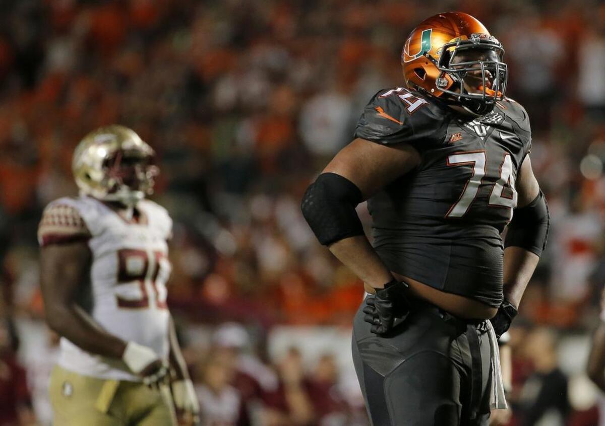 Miami’s Ereck Flowers (right) is one of the top tackle prospects in this year’s draft.