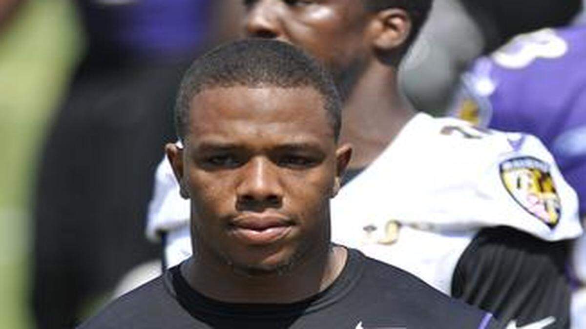 
Baltimore Ravens running back Ray Rice walked off the field before addressing the media at a news conference after training camp practice on July 31, 2014, in Owings Mills, Md.
