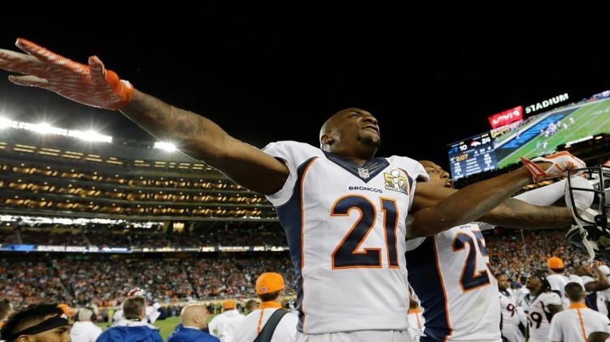 Denver Broncos Aqib Talib (21) celebrates during the second half of the NFL Super Bowl 50 against the Carolina Panthers, Sunday, Feb. 7, 2016, in Santa Clara, Calif.