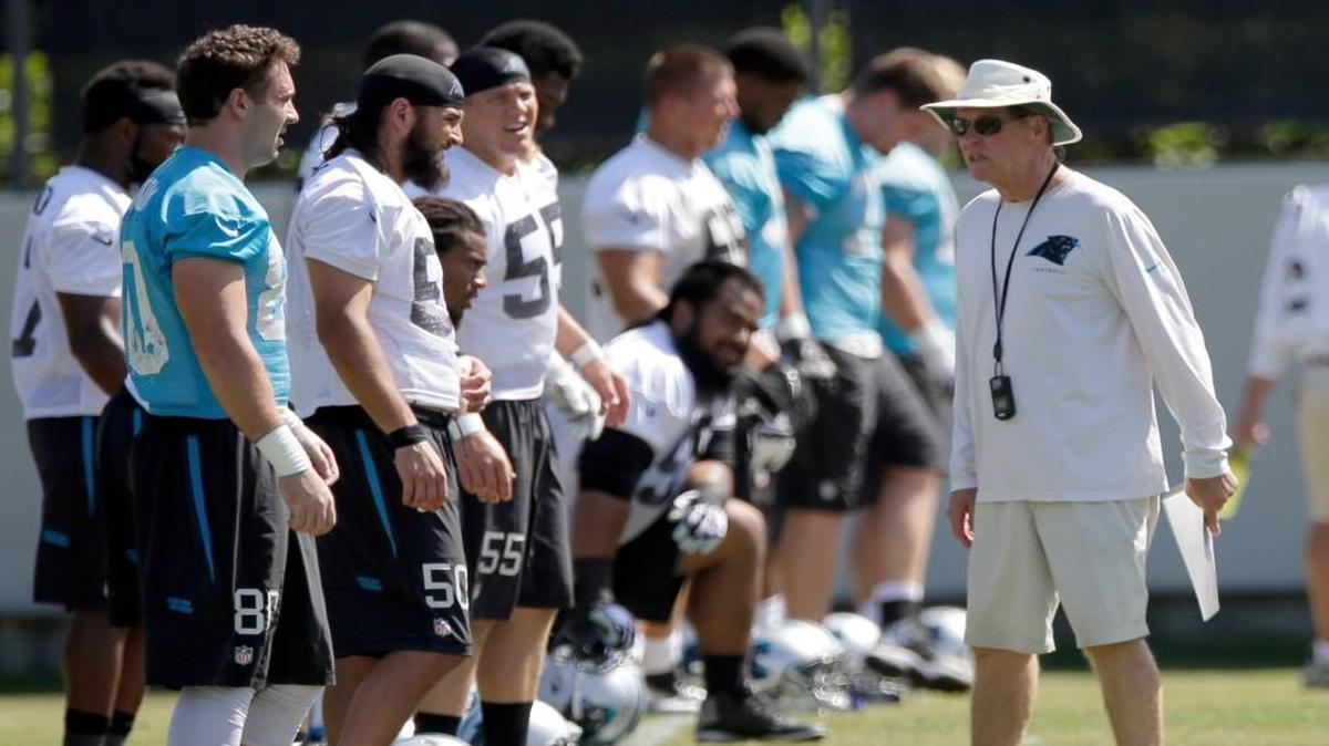 Special-teams coach Bruce DeHaven, right, talks with players during Carolina Panthers minicamp in 2015.