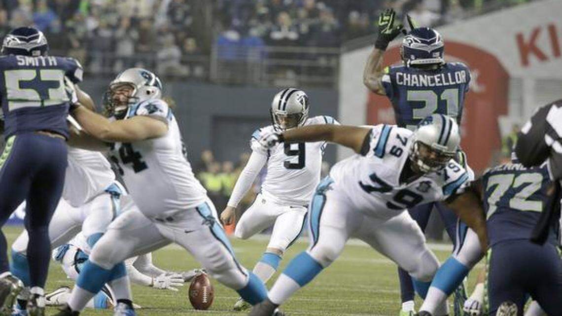 
Seattle Seahawks strong safety Kam Chancellor (31) leaped to try and block a field goal attempt by Carolina Panthers kicker Graham Gano during the first half on Jan. 10. Gano missed the attempt but a Seahawks penalty negated the play. 
