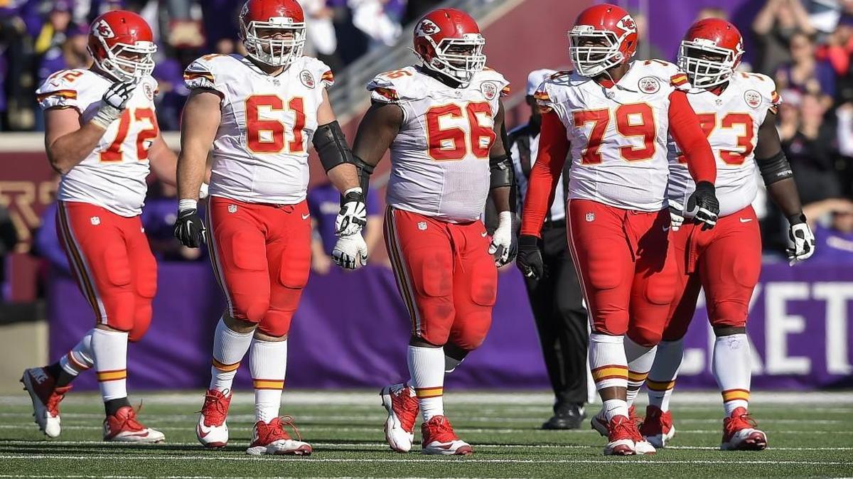 Tackle Eric Fisher, from left, center Mitch Morse, guard Ben Grubbs, tackle Donald Stephenson and guard Zach Fulton have all contributed to the offensive line this season.