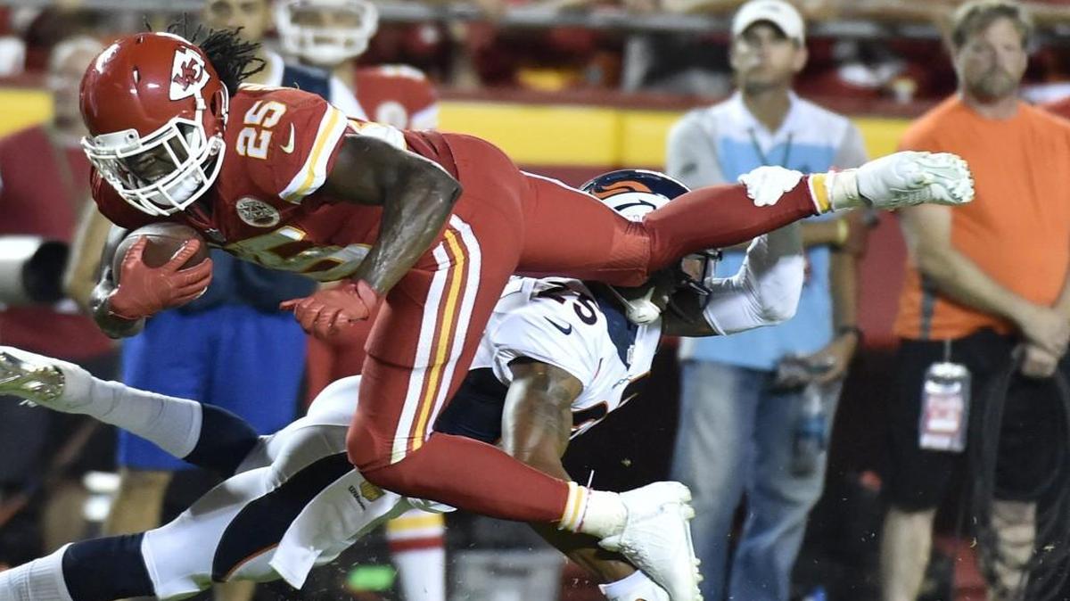 
Chiefs running back Jamaal Charles was cut down by Broncos cornerback Chris Harris in the third quarter of their Sept. 17 game at Arrowhead Stadium.
