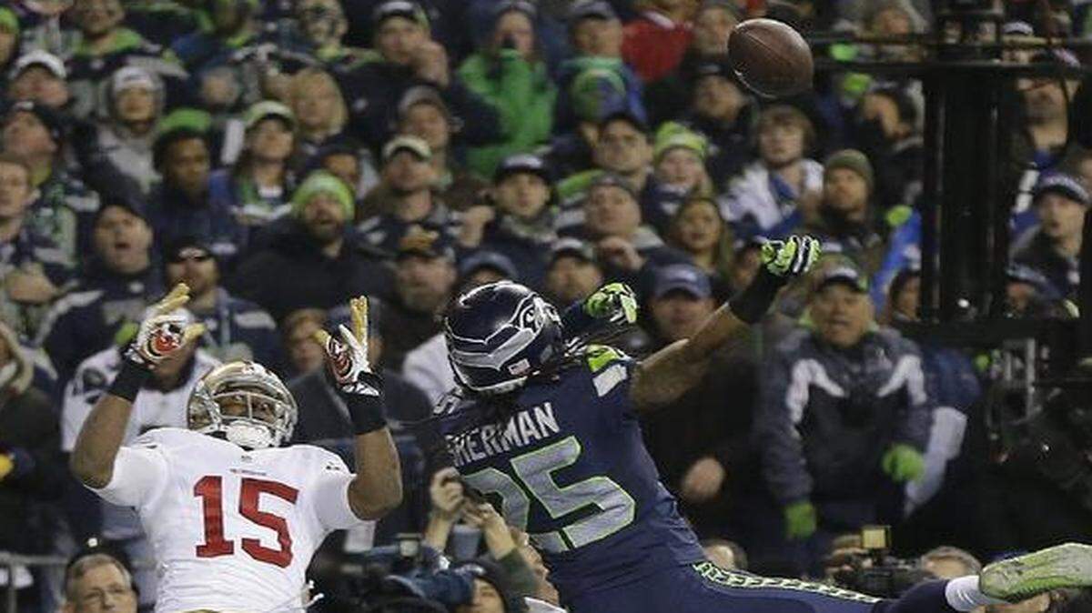 
Seahawks cornerback Richard Sherman (right) made a big play when he broke up a last-second pass intended for the 49ers’ Michael Crabtree in the NFC championship game.
