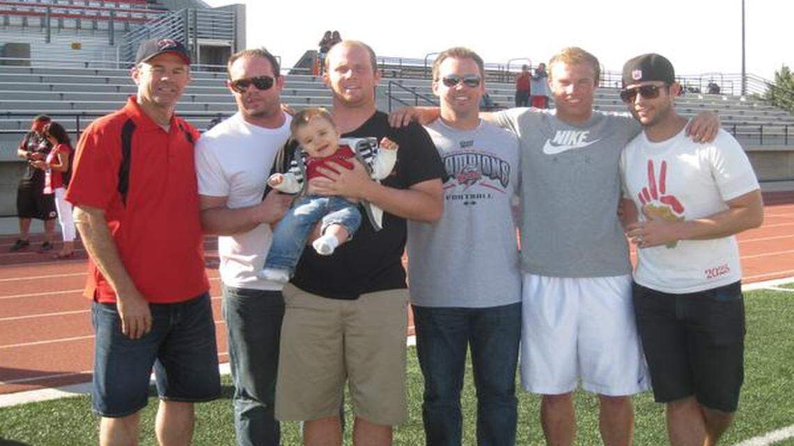 
The Sorensen boys, all grown up now with dad Kory (at left), were multi-sport athletes in high school. Pictured here from left are Trevan, Brad, Cody, Daniel and Bryan.
