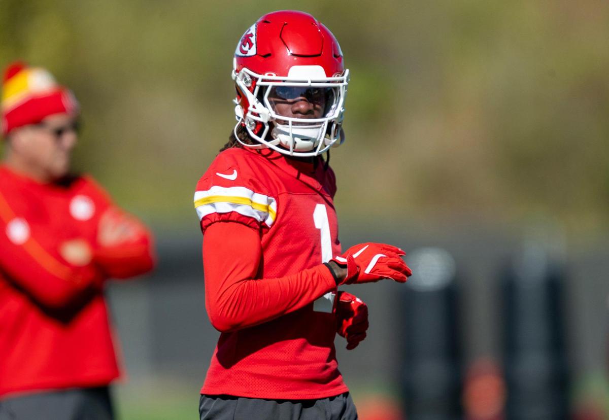 Chiefs wide receiver Xavier Worthy (1) during the team’s practice on Friday, Nov. 11, 2024, in Kansas City.