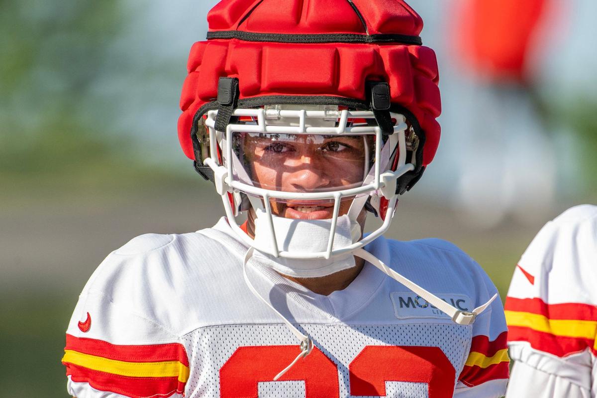 Kansas City Chiefs cornerback Trent McDuffie (22) walks down to the field for practice at Chiefs training camp on Monday, July 29, 2024, in St. Joseph.