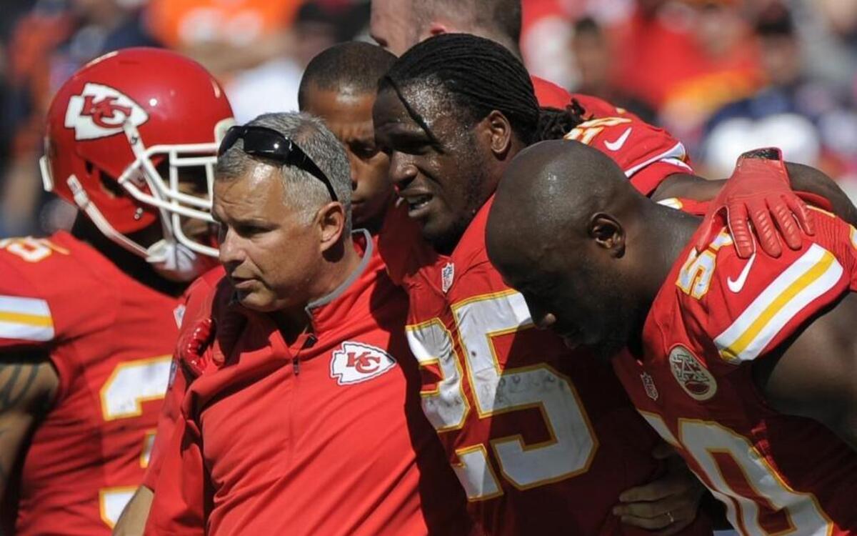 Jamaal Charles was helped off the field on Oct. 11 at Arrowhead Stadium. He had surgery on his ACL, and he’s now training at the Chiefs’ facility and will get some limited work during organized team activities and minicamps in May and June.