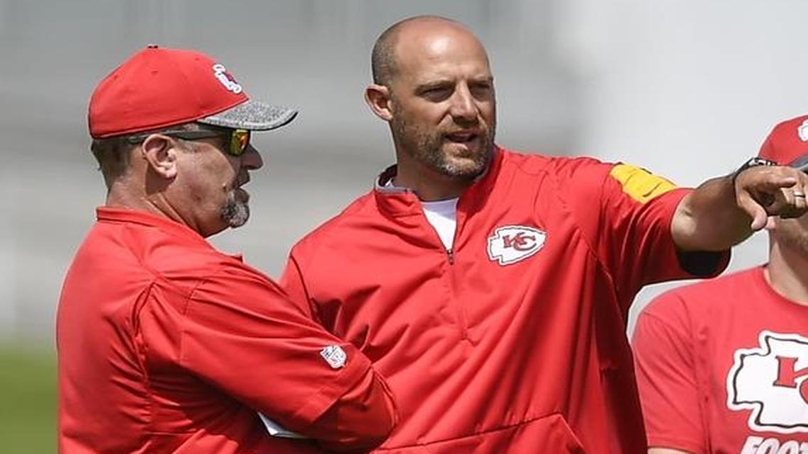 The Chiefs’ co-offensive coordinators in 2016, Brad Childress (left) and Matt Nagy (center), both received promotions Monday. Nagy will serve as offensive coordinator after Childress became assistant head coach to Andy Reid.