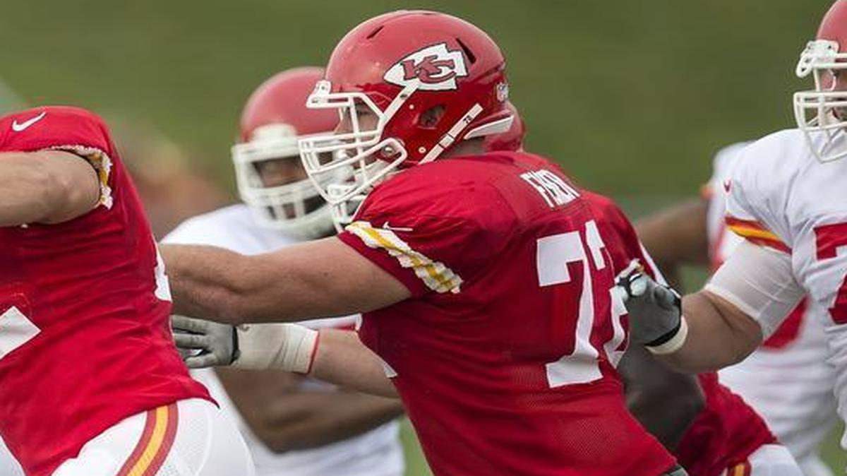 
Chiefs tackle Eric Fisher (72, center) was later injured and carted off during the team’s training camp practice Monday morning at Missouri Western State University in St. Joseph.
