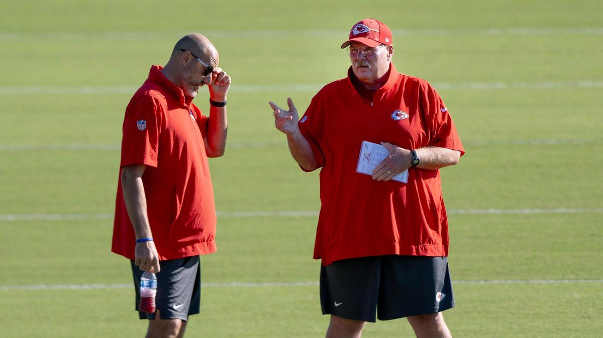 Kansas City Chiefs head coach Andy Reid talks with offensive coordinator Matt Nagy during a Chiefs training camp practice on Tuesday, Aug. 15, 2023, in St. Joseph, Mo.
