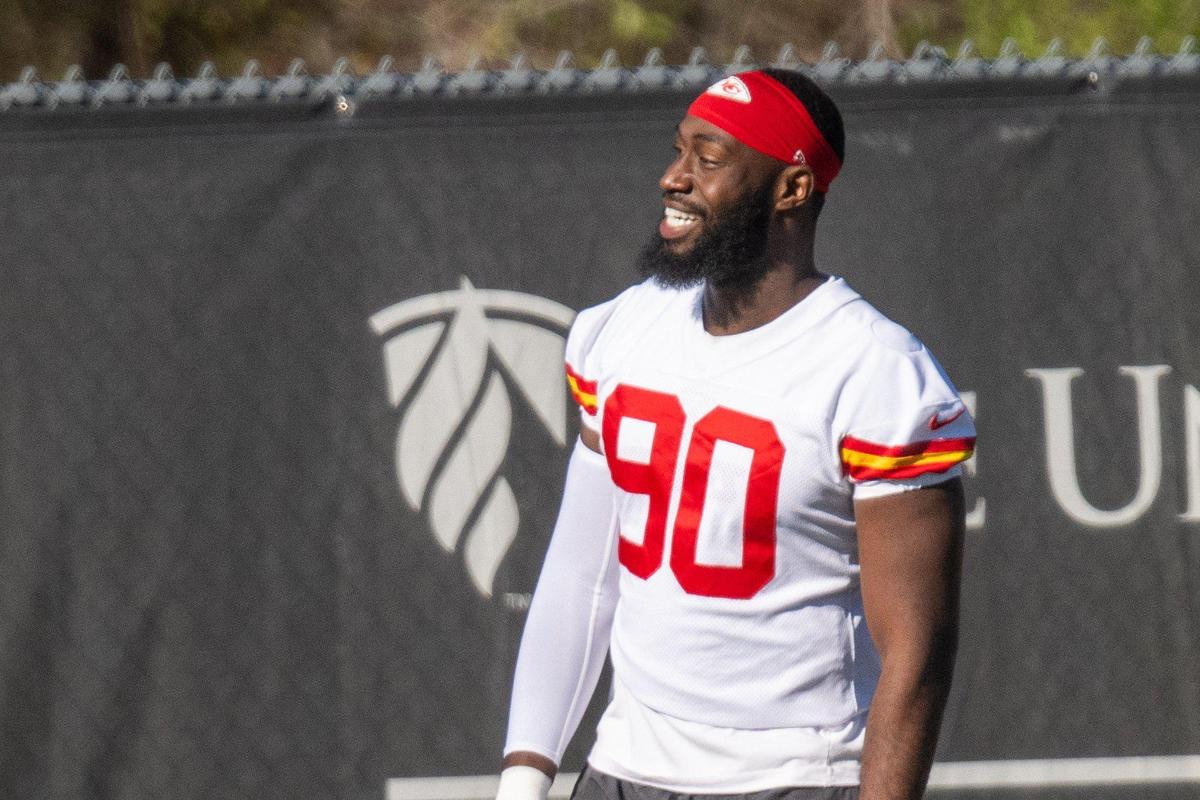 Kansas City Chiefs defensive lineman Charles Omenihu smiles during Chiefs practice on Wednesday, Nov. 20, 2024.